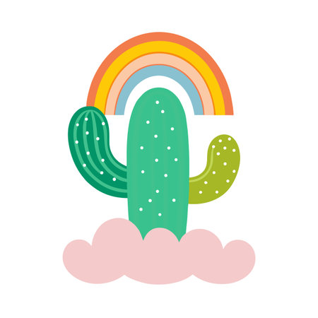 Stylized Cactus Graphic with Rainbow and Cloud Base for Prints and Web Designsのイラスト素材