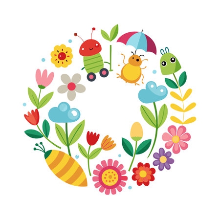 Circular frame with flat style flowers, insects, and clouds on a white backgroundのイラスト素材