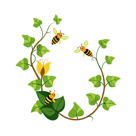 Cute cartoon bees with floral vine, creating a whimsical wreath on a white backgroundのイラスト素材
