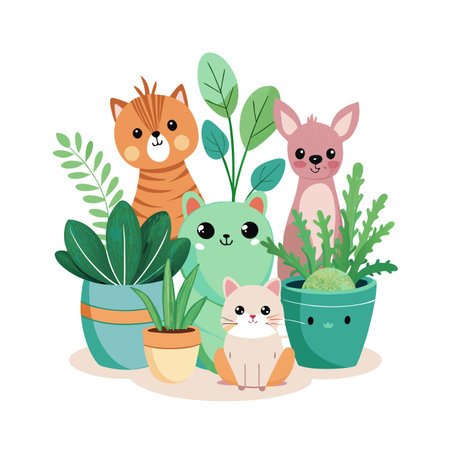 Cartoon Animals with House Plants Illustration: Cute Cat, Dog, Kangaroo, and Indoor Plantsのイラスト素材
