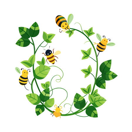 Cheerful Cartoon Bees on Vine Wreath Isolated on White Background, Flat Illustrationのイラスト素材