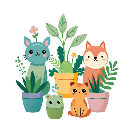 Cartoon Animals with Plants Arranged in a Grouping for a Cute and Playful Compositionのイラスト素材