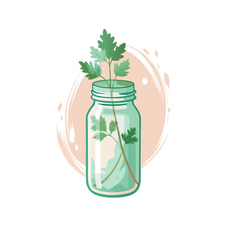 Stylized illustration of fresh green parsley sprigs in a pastel colored glass jarのイラスト素材