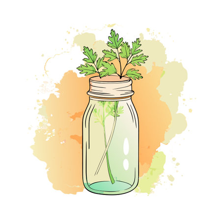 Parsley sprigs in a glass jar, artistic rendering with watercolor background texturesのイラスト素材
