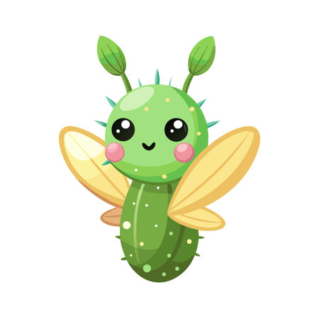 Cute Cartoon Cactus Character with Wings Illustration on White Background for Graphic Designのイラスト素材