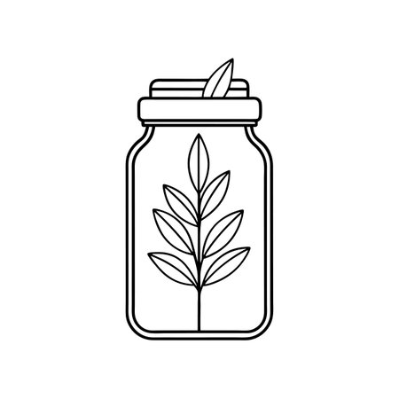 Minimalist outline of a jar filled with a botanical branch illustration for eco-friendly conceptsのイラスト素材