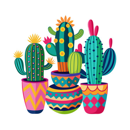 Collection of stylized cartoon cacti in colorful decorative pots isolated on a white background.のイラスト素材