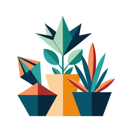 Geometric plants in pots illustration with clean white background, modern flat designのイラスト素材