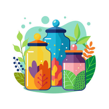 Stylized Illustration of Three Jars Surrounded by Colorful Leaves and Berries on a White Backgroundのイラスト素材