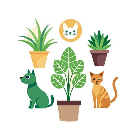 Cheerful pets and potted plants composition in flat design style on a white backgroundのイラスト素材