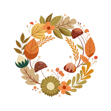 Whimsical Autumn Wreath: A Flat Vector Illustration with Flowers, Leaves, and Mushroomsのイラスト素材
