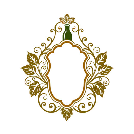 Elegant vector frame with wine bottle and leaves for branding or label designのイラスト素材