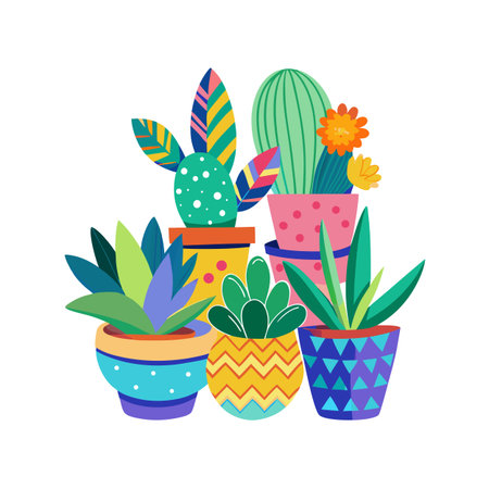 Collection of Potted Plants and Cacti in Stylized Flat Vector Illustrationのイラスト素材