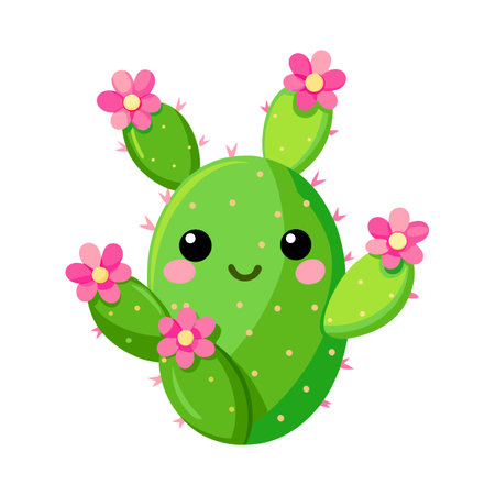 Cartoon Cactus Illustration with Pink Flowers and Cute Smiling Face on White Backgroundのイラスト素材