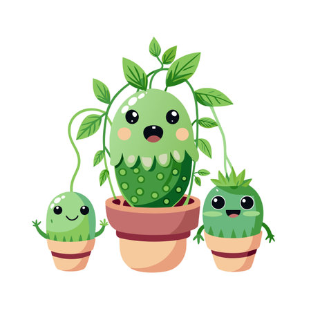 Cartoon Potted Plants with Faces, Expressing Joy and Growth in a Cheerful Garden Settingのイラスト素材
