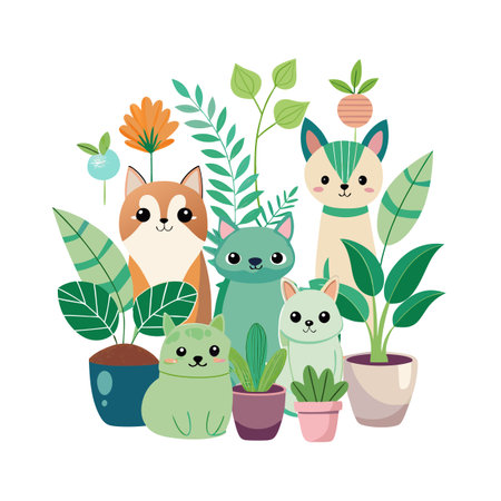 Cute Animals and Plants in Pastel Colors, Vector Illustration for Nursery Decor and Printsのイラスト素材