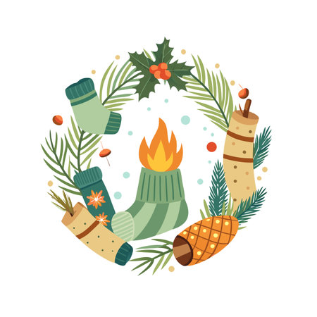 Festive Holiday Wreath Featuring Christmas Socks, Foliage, and Warm Fire Element in Flat Designのイラスト素材
