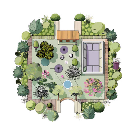 Architectural Garden Plan Illustration: Top-Down View of a Lush and Detailed Landscape Designのイラスト素材