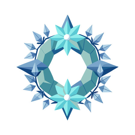 Abstract floral wreath in blue tones with geometric leaves and flower elements on a white background.のイラスト素材