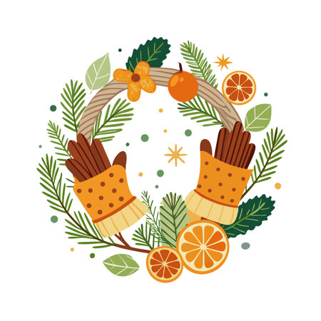Festive Winter Wreath with Oranges and Mittens, Vector Illustration, Christmas Decorationのイラスト素材