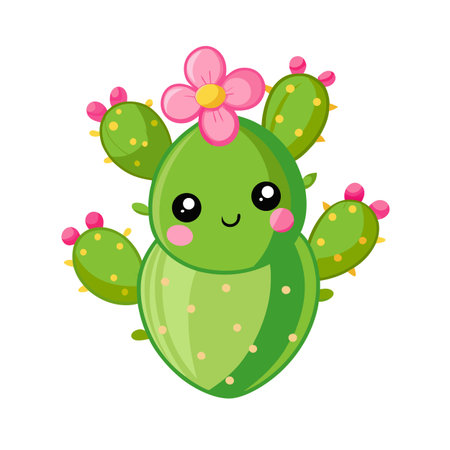 Cute Cactus Character with Flower Illustration for Children's Design and Creative Projectsのイラスト素材