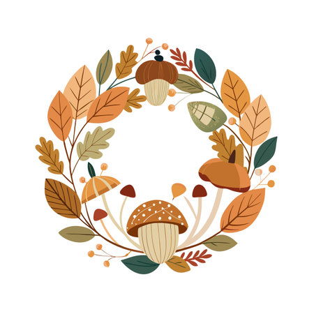 Whimsical autumn wreath with leaves, mushrooms, and berries in warm autumnal tones.のイラスト素材