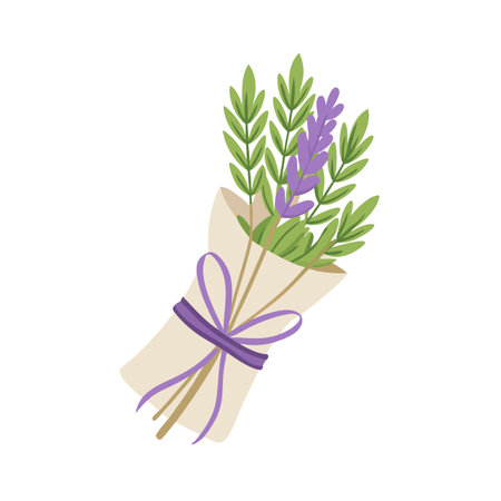 Stylized Lavender and Greenery Bouquet Wrapped in Paper with Violet Ribbonのイラスト素材
