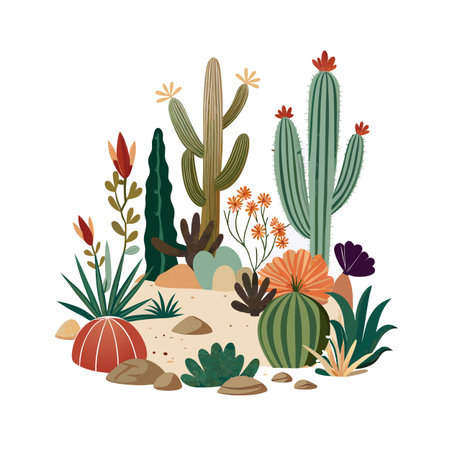 Colorful Desert Flora Composition: Cacti, Succulents, and Blooms Illustration on White Backgroundのイラスト素材