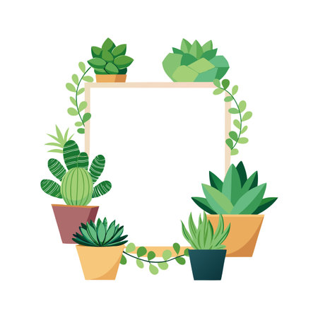 Assorted Potted Succulents Arranged Around a Square Frame for Nature-Themed Designsのイラスト素材