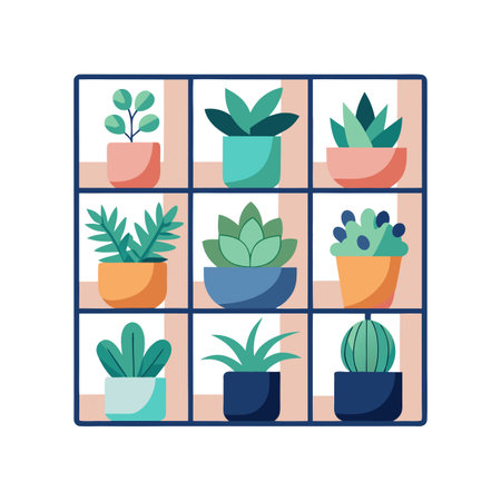 Nine potted plants in a modern display case, minimalist design, clean aesthetic.のイラスト素材