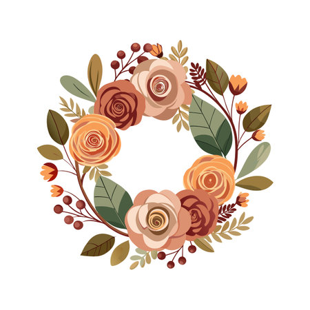 Elegant floral wreath with roses and berries in warm earth tones for decorative designsのイラスト素材