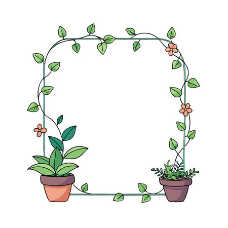 Hand-drawn frame of climbing vines and potted plants, perfect for springtime designs.のイラスト素材
