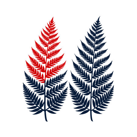 Minimalist fern illustration featuring a vibrant red fern and a contrasting navy blue fernのイラスト素材