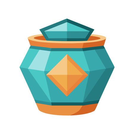 Stylized teal and orange decorative jar with geometric design and lid on white backgroundのイラスト素材