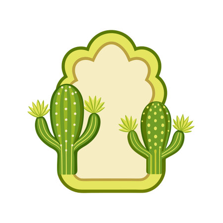 Cactus Frame Border with Blooming Cacti in Green and Beige on White Backgroundのイラスト素材