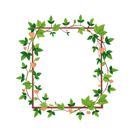 Square frame adorned with green leaves, brown branches, and peach hearts, perfect for spring or wedding designsのイラスト素材