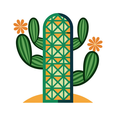 Stylized Cactus Illustration with Geometric Patterns and Flowers on White Background, Flat Designのイラスト素材