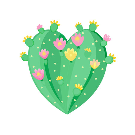 Heart-shaped Cactus with Flowers Illustration for Valentine's Day and Floral Designのイラスト素材