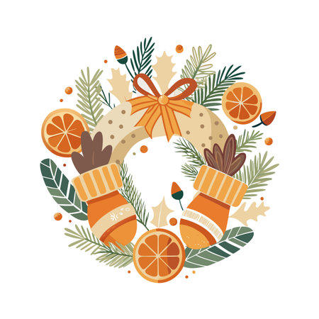 Festive Winter Wreath with Oranges, Pine Branches, and Cozy Socks Illustrationのイラスト素材