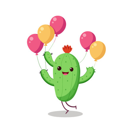 Cartoon cactus character celebrating with balloons in a cheerful and playful designのイラスト素材