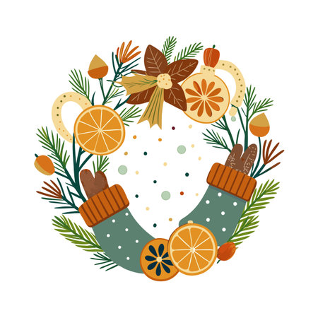 Festive Christmas wreath with ornaments, winter leaves, and citrus slices for holiday decorationsのイラスト素材