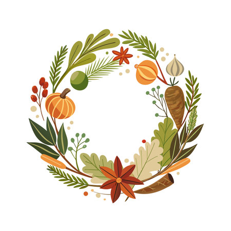 Festive Autumn Wreath with Pumpkins, Foliage and Berries in Warm Earthy Colorsのイラスト素材