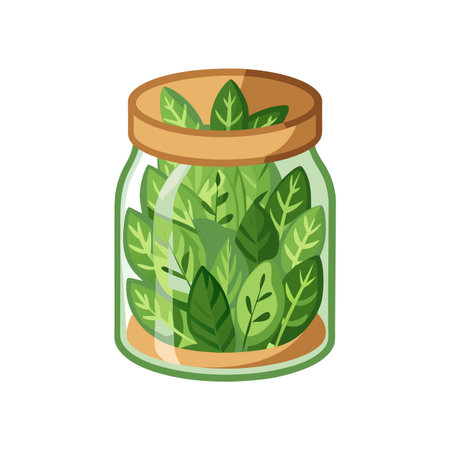 Cartoon illustration of green plants growing in a glass jar with wooden lidのイラスト素材