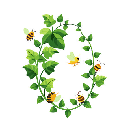 Cartoon bees flying around a vibrant green leafy vine in a circular shape on whiteのイラスト素材