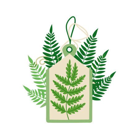 Fern Leaves and Tag in Flat Design - Botanical Illustration for Eco Productsのイラスト素材