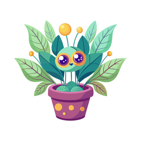 Stylized potted creature surrounded by leaves and sprouts, illustration for children and decorationのイラスト素材