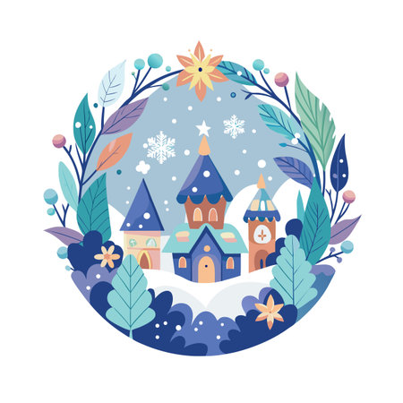 Illustrated winter village within a floral wreath, evoking festive cheer and seasonal magic.のイラスト素材