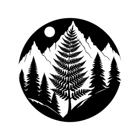 Black and White Silhouette of a Fern, Mountains and Forest Under the Moonのイラスト素材