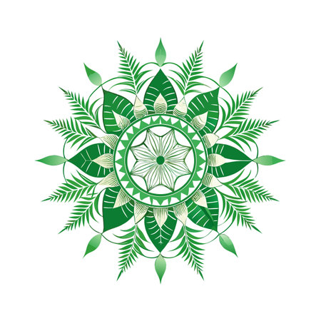 Green botanical mandala featuring tropical leaves and floral elements on a white backgroundのイラスト素材