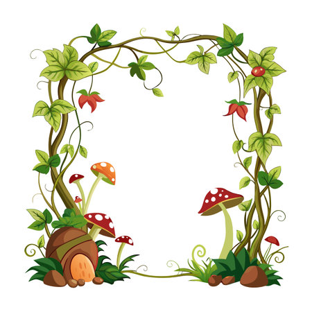 Fantasy frame of vines with leaves, mushrooms and small fairy house illustrationのイラスト素材